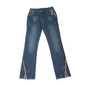 A.Z.I. New York Jeans Sz 4 New Jeweled Mid-rise Raw Hem Distressed Blue Denim